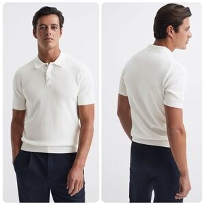 Reiss Bennie Press Stud Textured Short Sleeve Cotton Knit Polo | White | XL